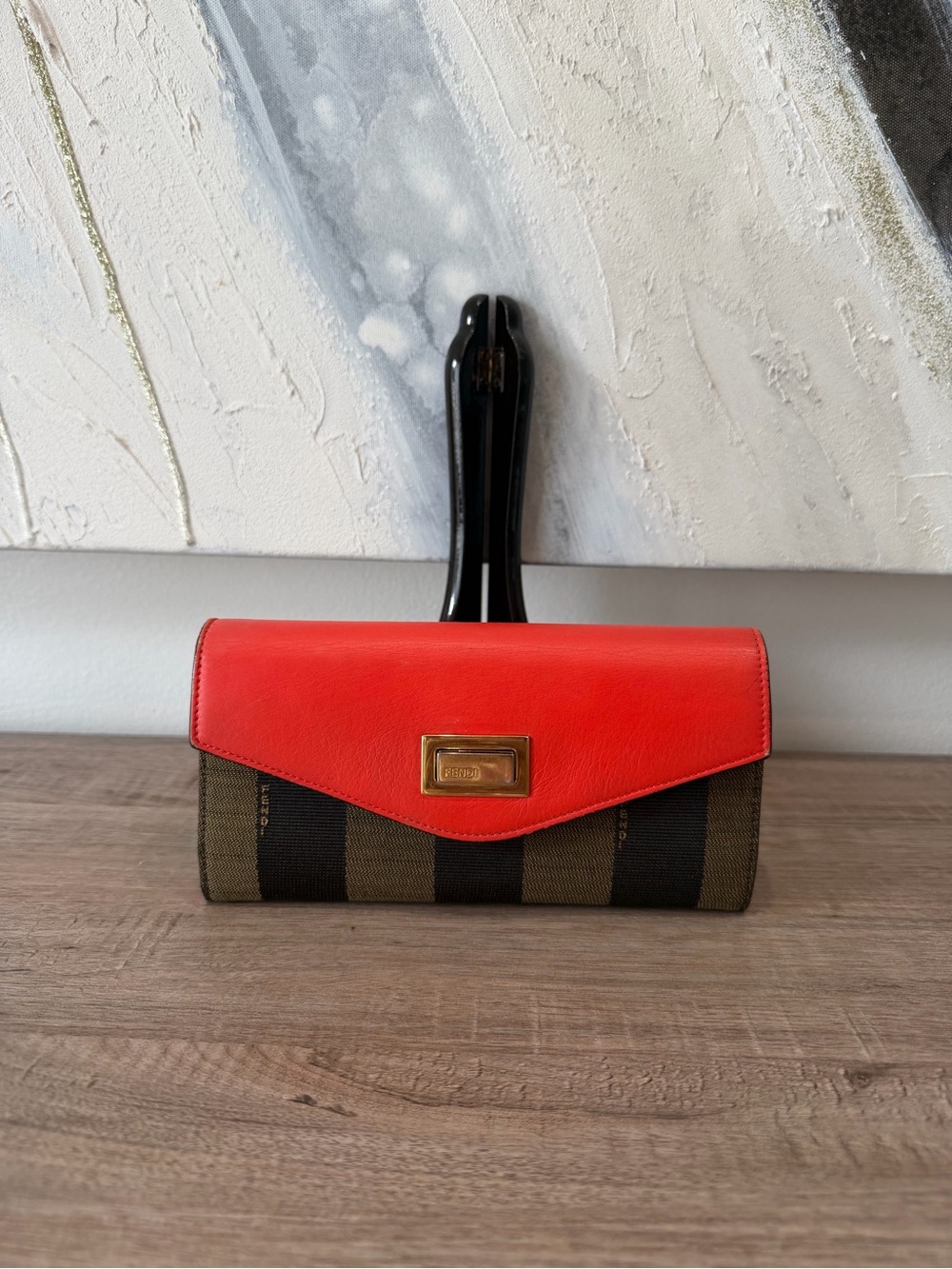 Fendi Red Leather Flap Brown Striped Canvas Wallet